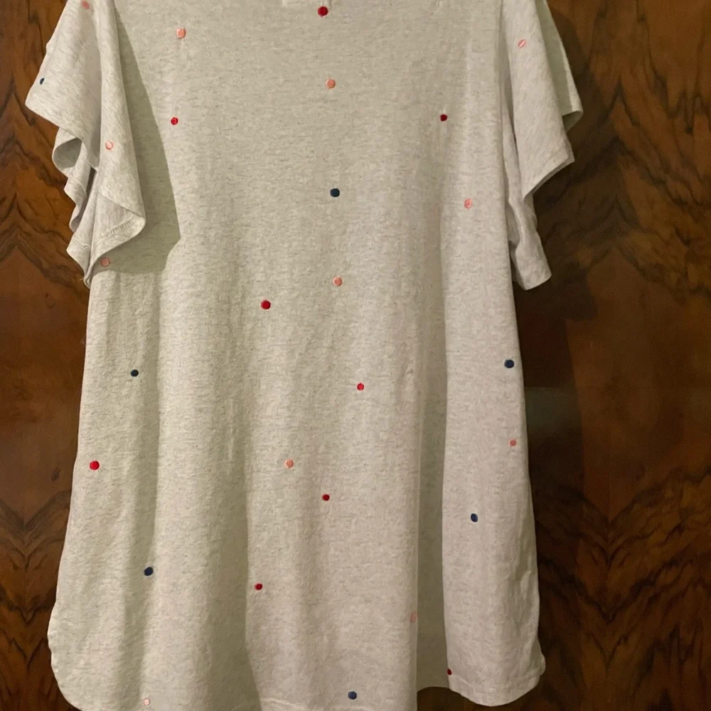 Anthropologie Flutter Sleeve Tee with multi colored embroidered Swiss Dots. - Picture 15 of 15